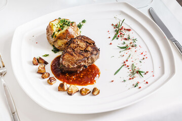 steak with baked potato and sauce