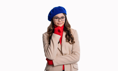 photo of teen girl smile with brunette hair. teen girl isolated on white background. teen girl