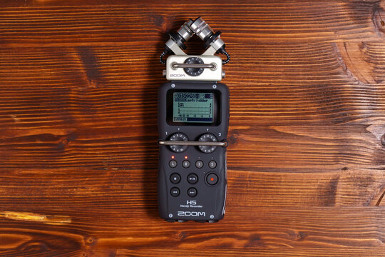 Tyumen, Russia-November 12, 2022: Zoom H5 recorder on a wooden background. Selective focus