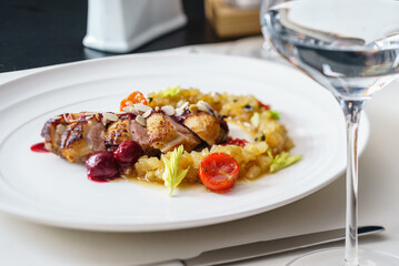 duck with cherry sauce closeup