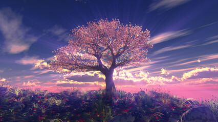 Fototapeta na wymiar tree spring in meadow sunset