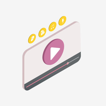 Video marketing isometric icon concept. Monetization of video content - making money from multimedia content with social network communication and digital advertising