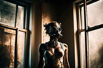 beautiful woman in underwear with a gasmask in front of a window, fabric, body, spooky, attractive, erotic, destruction, warm lights, cyborg, crazy, steam punk,fictional person made with generative ai - obrazy, fototapety, plakaty