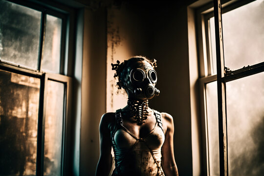 beautiful woman in underwear with a gasmask in front of a window, fabric, body, spooky, attractive, erotic, destruction, warm lights, cyborg, crazy, steam punk,fictional person made with generative ai