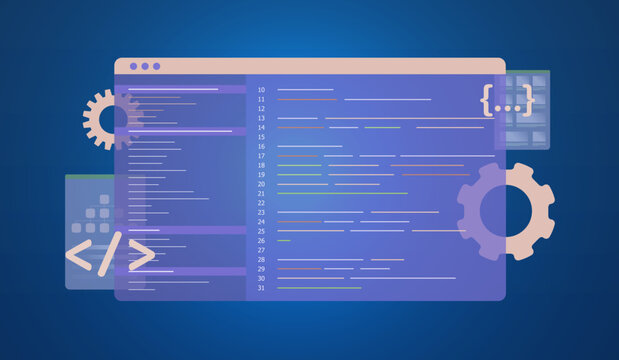 Software development web coding process concept. Computer programming, information technologies and web engineering illustration with program code window