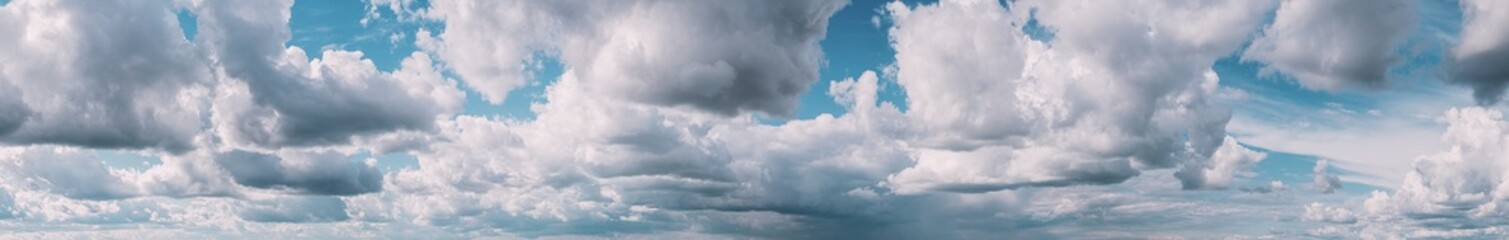 Panorama Of Cloudy Sky. Natural Day Cloudy Sky Abstract Background. Panorama Panoramic View. Backdrop. Copy Space. Bright Blue.
