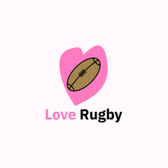 Love shape logo with a rugby ball in the center.