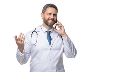 Happy doctor talking on mobile phone. Mobile physician isolated on white. Using mobile technology