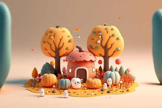 Autumn Landscape In Kawaii 3d Style, Fall Season, Generative Ai