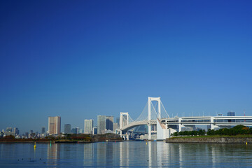 Rainbow bridge with city skyline in Tokyo 
