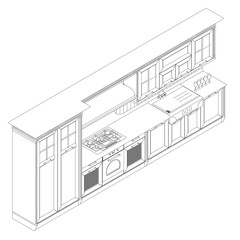The outline of the finished assembled kitchen from black lines isolated on a white background. Isometric view. 3D. Vector illustration.