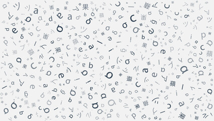 Various Colorful Random Randomly Placed, Sized and Oriented Mix of Latin Letters and Symbols, Characters of Asian Languages - Pattern, Texture, Design on Light Grey Background - Editable Vector Format
