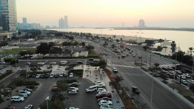 Abu dhabi corniche beach aria aerial. Parking zone in Abu Dhabi. Abu Dhabi traffic aerial.