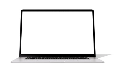 Laptop mockup with white blank screen isolated on white background with shadows. front view