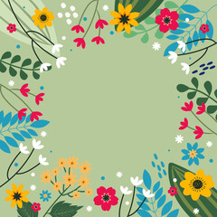 Frame for greeting card or postcard template with flowers, floral wreath. Modern festive vector illustration.