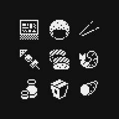 Food pixel art 1-bit icons set, black and white emoji, barbecue, rolls and sushi, shrimp. Design for logo, sticker and mobile app. Isolated vector illustration.