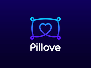 Pillove logo concept. Pillow with heart symbol inside. Modern line creative logo for pillow shop. Vector linear logo concept with shadows on dark background
