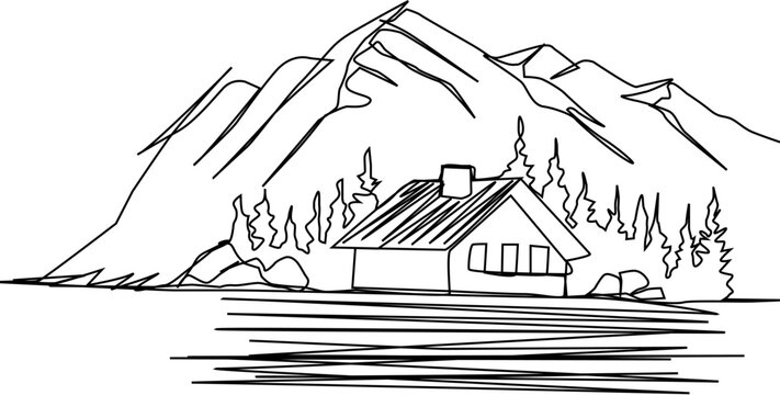 house in the mountains. mountain landscape illustration. One line art. Continuous line drawing of nature landscape on a white background	
