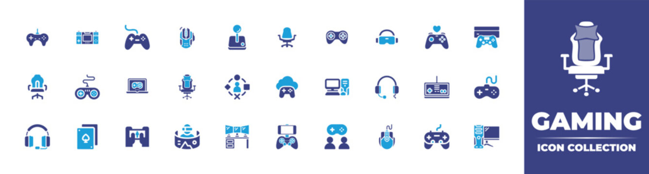 Gaming icon Collection. Vector illustration. Containing controller, computer mouse, game control, game controller, gamepad, user experience, gaming chair, pc game, gamer, monitor screen, and more.