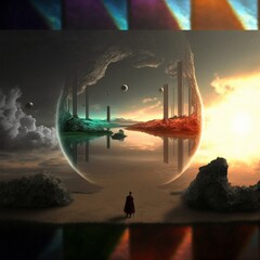a wanderer between worlds stands in front of portals to other worlds. High quality illustration