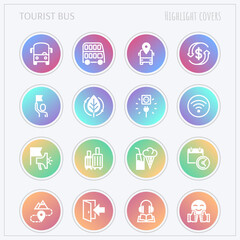 Tourist bus thin line icons set: free wi-fi, schedule, emergency exit, tourist route, departure point, socket, audio guide, luggage, refund. Highlights for stories. Vector illustration.