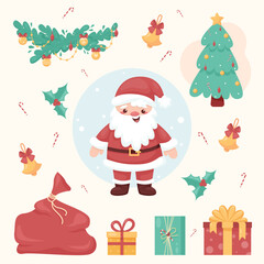 Christmas set, cozy vector illustration Santa Claus, Christmas tree, presents