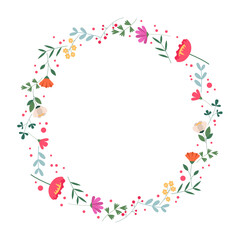 Obraz premium Round frame made of wild flowers with place for text. Modern Illustration on transparent background