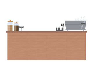Wooden coffee shop counter. Coffee machine, mugs, jars of cookies on the cafe counter. Modern flat Illustration on transparent background