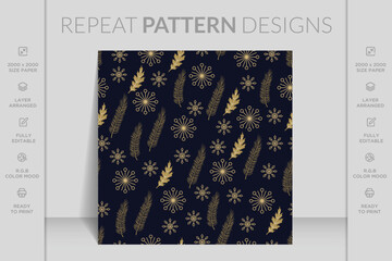 Merry Christmas seamless pattern with geometric motifs. Snowflakes with different ornaments.