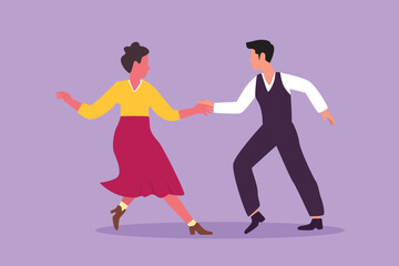 Fototapeta na wymiar Cartoon flat style drawing man and woman dancing Lindy hop or Swing. Male and female characters performing dance at school or party night. Couple dancing together. Graphic design vector illustration
