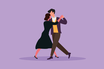 Graphic flat design drawing attractive man and woman romantic professional dancer couple dancing tango, waltz dance on dancing contest dancefloor. Happy couple dance. Cartoon style vector illustration