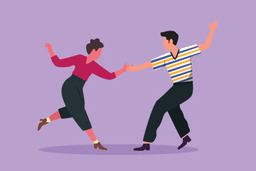 Fototapeta na wymiar Character flat drawing happy couple man and woman performing dance at school festival, studio, party. Attractive male and female characters dancing tango together. Cartoon design vector illustration