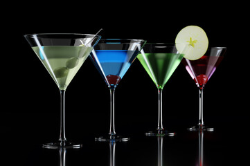 Set of different cocktails in martini glass