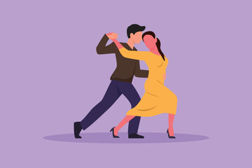Fototapeta na wymiar Character flat drawing people dancing salsa. Young man and woman in dance. Pairs of dancers with waltz tango and salsa styles moves. Happy couple dancing at party. Cartoon design vector illustration
