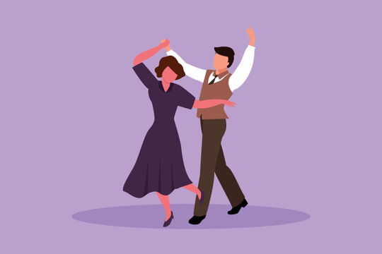 Graphic flat design drawing romantic man and woman professional dancer couple dancing tango, waltz dances on dancing contest dancefloor. Happy male and female dance. Cartoon style vector illustration