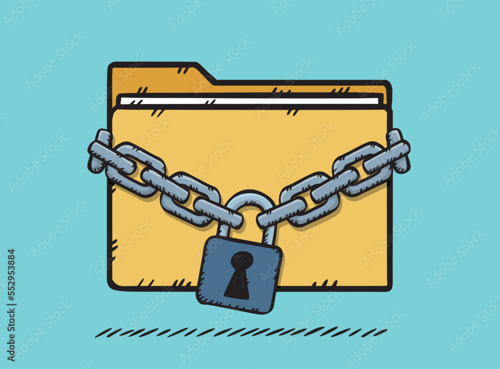 Poster folder secured with a chain and padlock. obstructed access secures personal information. hand-drawn 