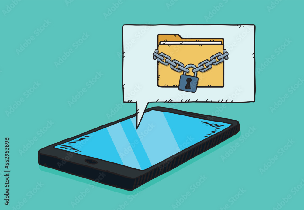 Poster folder secured with a chain and padlock is on the cloud above the phone. hand-drawn vector graphics.