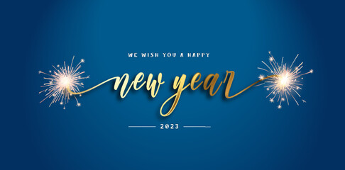 We wish you Happy Holidays 2023 banner. modern design, new updated handwritten gold lettering with white blue 2023 year background and sparkle firework - obrazy, fototapety, plakaty