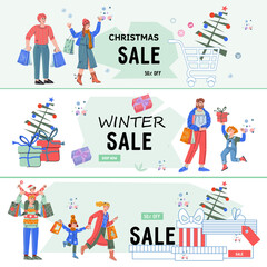 Christmas and New Year banners or sale posters and flyers set, flat vector illustration. Horizontal banners for Christmas sale.