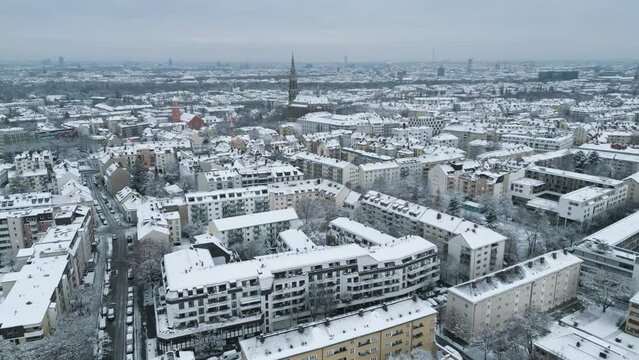 Munich Germany skyline aerial view at winter with snow drone footage in 4k.
