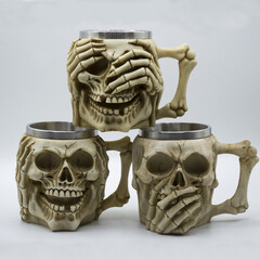 Three volumetric mugs in the form of skulls. I see nothing, I hear nothing, I say nothing. Handmade.