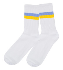 Warm knitted socks depicting Ukrainian symbols.