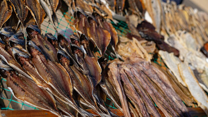 Close-up of Fish drying on the beach in Nazare - Portugal