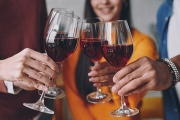 Close-up of young people toasting with wine while spending time together