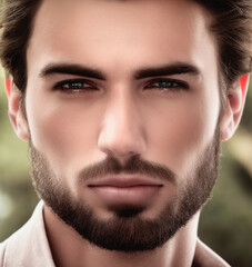 Obraz premium A portrait of an elegant guy with a beard and an expressive look. AI Art hairstyle.