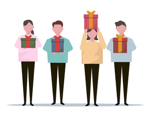 クリスマスプレゼントを貰う男女。ベクターイラスト