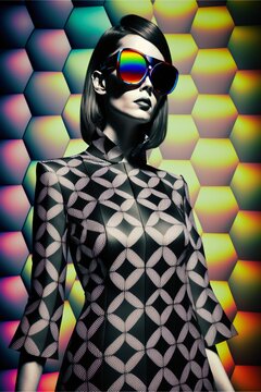 futuristic woman with big glasses and colorful abstract patterned clothes, abstract, colorful, shimmering, fashion,fictional person made with generative ai