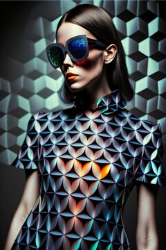 futuristic woman with big glasses and colorful abstract patterned clothes, abstract, colorful, shimmering, fashion,fictional person made with generative ai