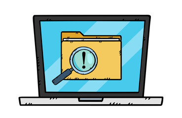 laptop including folder and with magnifying glass and exclamation mark.  Hand-drawn illustration.
