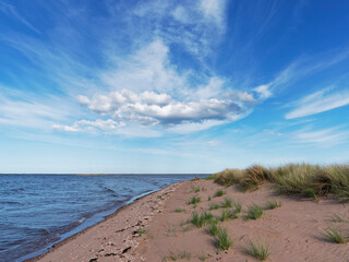 Waves gently lapping on to the sandy foreshore of the Headwell sands at Tentsumuir National Nature...